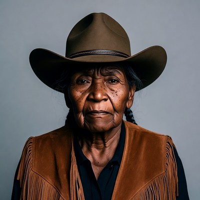 Elderly Indigenous woman in cowboy hat