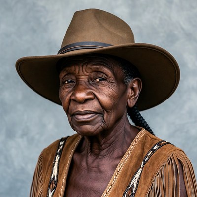 Elderly African woman in cowboy hat