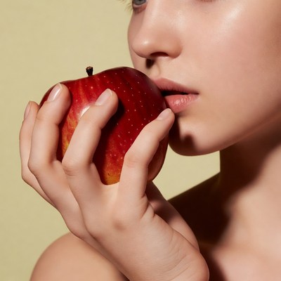 Woman biting red apple