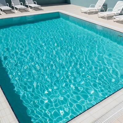 Empty turquoise swimming pool with lounge chairs