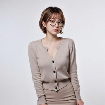 Asian woman in beige cardigan and skirt