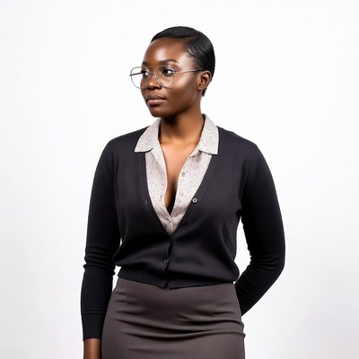 African-American woman in cardigan and skirt