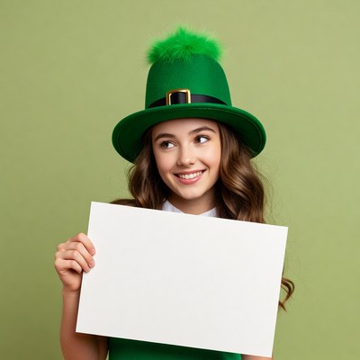 Girl holding blank sign in leprechaun hat