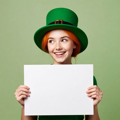 Redhead girl in leprechaun hat holding blank sign