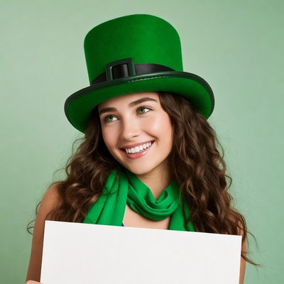 Smiling woman in green top hat holding blank sign