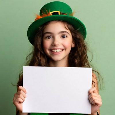 Girl holding blank sign in green leprechaun hat