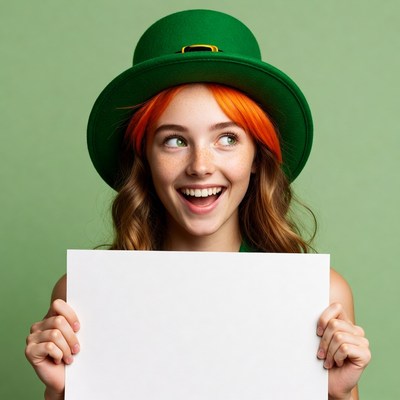 Girl in Leprechaun Hat Holding Blank Sign