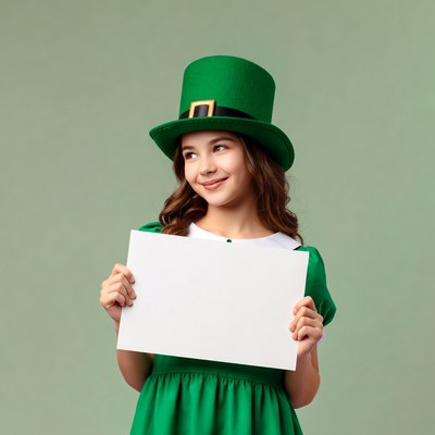 Girl in green leprechaun hat holding blank sign