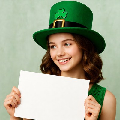 Girl holding blank sign in green leprechaun hat