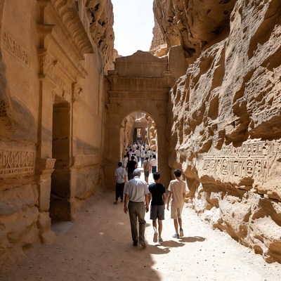 Tourists walking in Petra Siq canyon