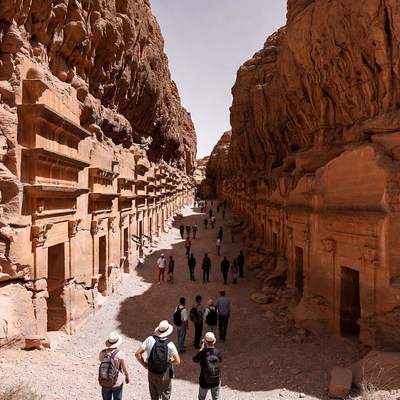 Tourists Walking in Petra Siq Canyon