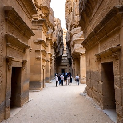Tourists in Ancient Egyptian Canyon Temple