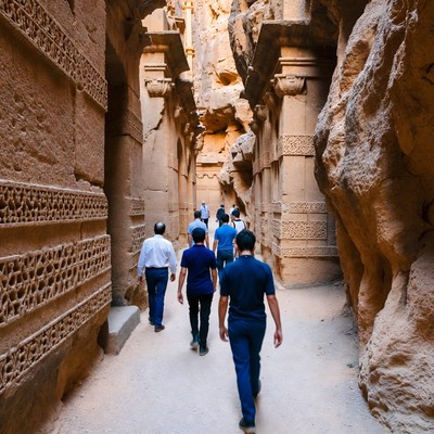 Tourists Walking in Ancient Rock Canyon