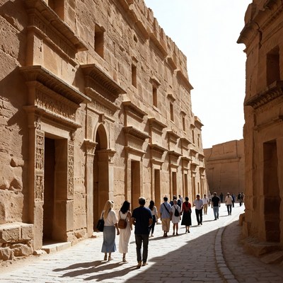 Tourists walking ancient sandstone alley