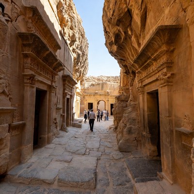 Tourists in Petra ancient rock canyon