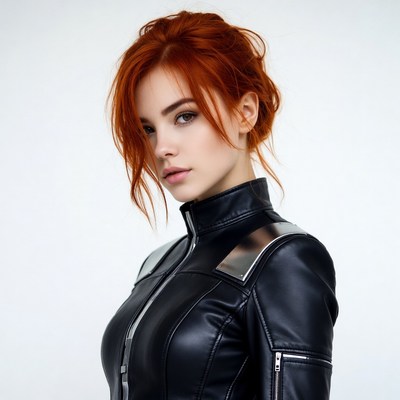 Redhead woman in black leather jacket