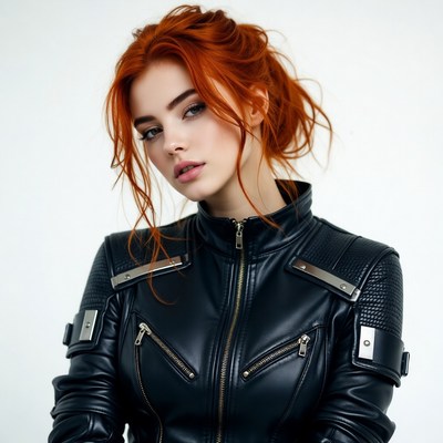 Redhead woman in black leather jacket