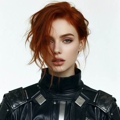Redhead woman in black leather jacket