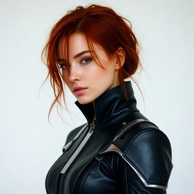 Redhead woman in black leather suit