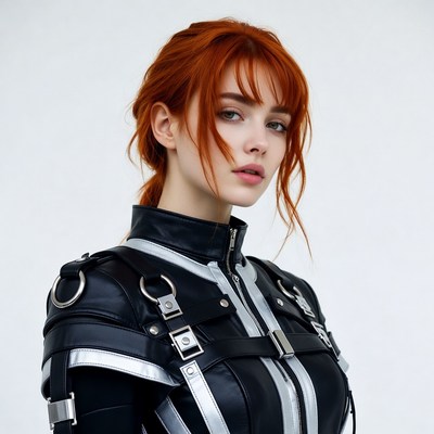 Redhead woman in black leather jacket