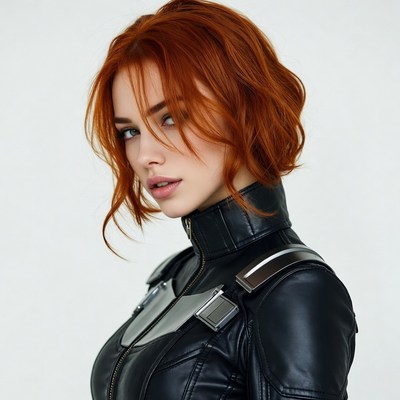 Redhead woman in black futuristic suit