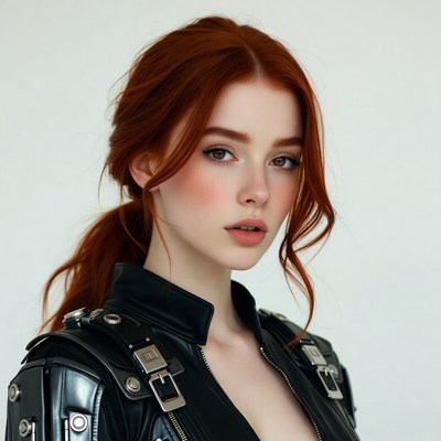 Redhead woman in black leather jacket
