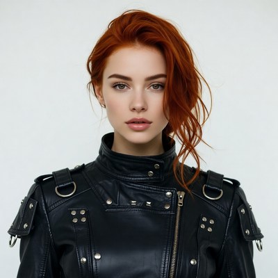 Redhead woman in black leather jacket