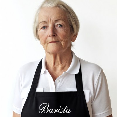 Elderly woman wearing Barista apron