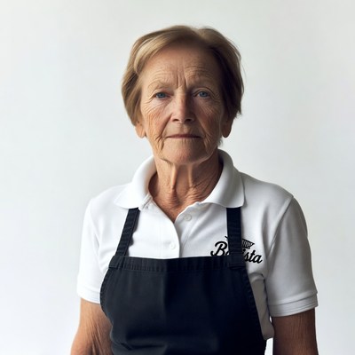 Elderly woman in barista uniform