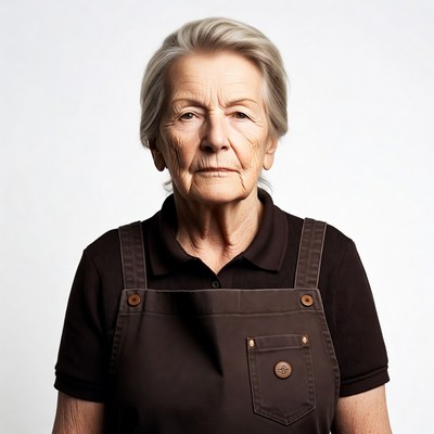 Elderly woman in brown apron
