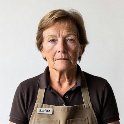 Elderly woman wearing barista apron