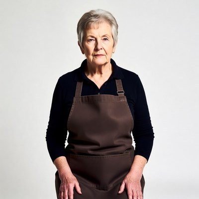Elderly woman wearing brown apron