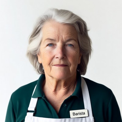 Elderly woman wearing barista apron