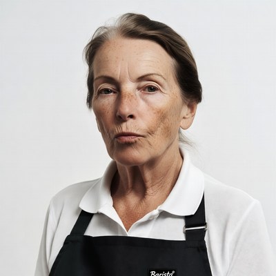 Elderly woman wearing barista apron