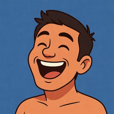 Cartoon Asian man laughing happily