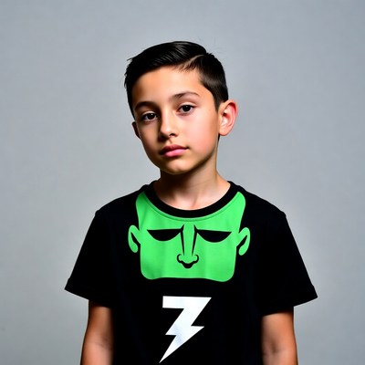 Boy wearing green monster t-shirt