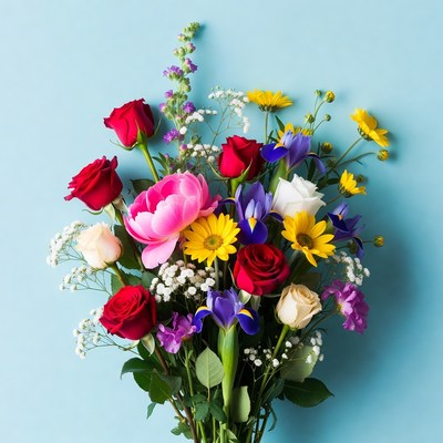 Colorful Flower Bouquet on Blue Background