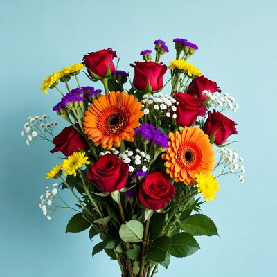Colorful Flower Bouquet on Blue Background