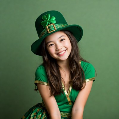 Asian girl in green St. Patrick's hat