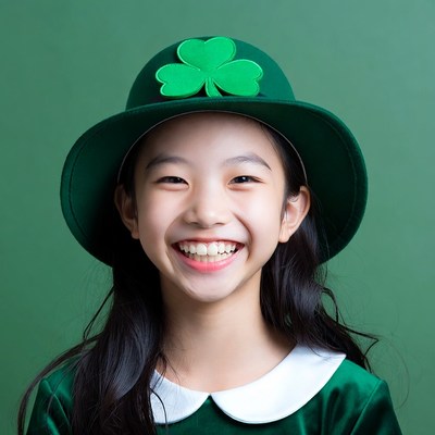 Asian girl in shamrock hat smiling