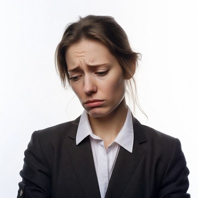 Sad woman in suit on white background