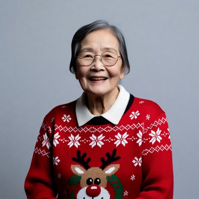 Elderly Asian woman in reindeer Christmas sweater