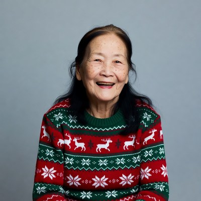 Asian elderly woman in Christmas sweater