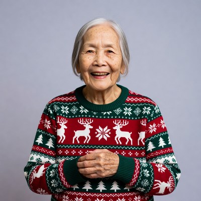 Elderly Asian woman in Christmas sweater