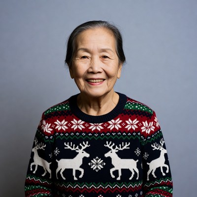 Asian elderly woman in reindeer Christmas sweater