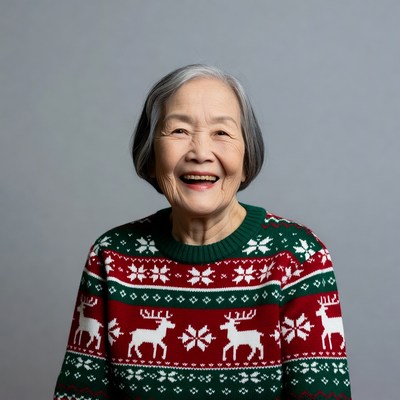 Elderly Asian woman in Christmas sweater