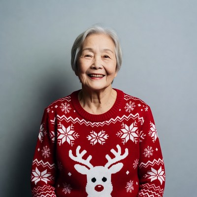 Elderly Asian woman in reindeer Christmas sweater