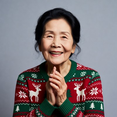 Asian woman smiling in reindeer Christmas sweater