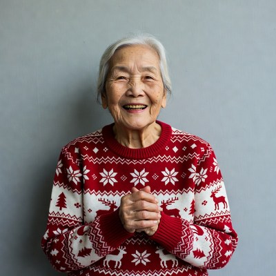 Elderly Asian woman in red Christmas sweater