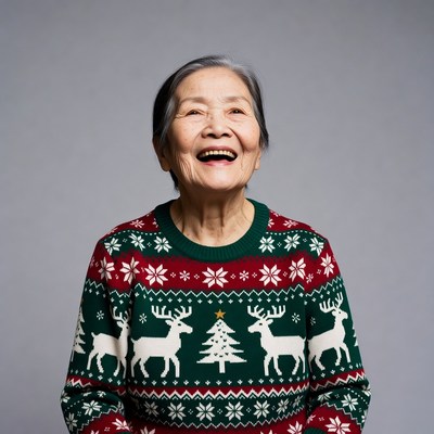 Elderly Asian woman smiling in Christmas sweater